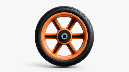 Orange and Black Wheel. An orange and black wheel is displayed on a clean white background. The wheel has a sleek design and the contrasting colors make it stand out.の素材