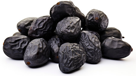 Pile of Black Olives. A collection of black olives stacked on top of each other, creating a pile on a plain white background. The olives vary in size and shine with a deep purple black hue.の素材