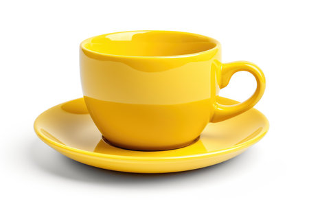 Yellow Coffee Cup and Saucer. A yellow coffee cup and saucer are placed neatly on a clean white background. The cup is filled with steaming hot coffee, creating a simple yet inviting scene.の素材