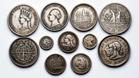 Assortment of Various Coins From Around the World. A collection of different types of coins from various countries. The coins vary in size shape color and different design.の素材