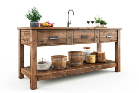 Wooden Table With Baskets and Bowls. A wooden table with various baskets and bowls placed on top of it. The baskets are of different sizes and materials, while the bowls vary in shapes and colors.の素材