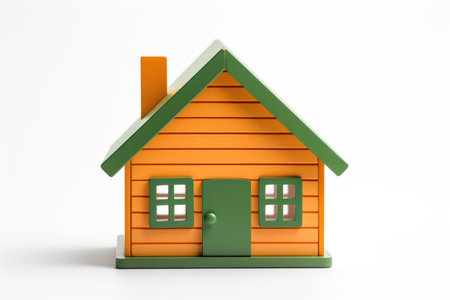 Small Wooden House With Green Door. A small wooden house with a green door stands in a clearing surrounded by tree. The house appear weathered yet sturdy with a simple design and no distinct features.の素材