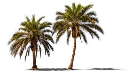 Two Palm Trees Standing Together. Two tall palm trees grow next to each other with their trunk reaching towards the sky. The bright green fronds on top create a striking contrast against the blue sky.の素材