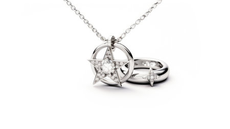 Silver Necklace With Two Ring and Star. A silver necklace adorned with two rings and a star charm is displayed on a white background. intricate design. on White or PNG Transparent Background.の素材