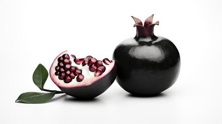 Black Pomegranate With Leaf. A black pomegranate fruit with a green leaf attached to it set against a clean white background. The contrast between the dark fruit and bright leaf.の素材