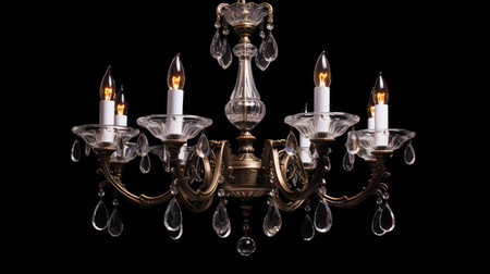 Elegant Chandelier Hanging From Ceiling. An ornate chandelier is suspended from the ceiling, casting a warm glow over the room. The intricate design of the chandelier adds a touch of sophistication.の素材