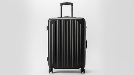 Black Suitcase With Wheels. A black suitcase with wheels stands on a plain white background. The suitcase is closed and ready for travel with a sturdy handle and smooth wheels for easy transportation.の素材