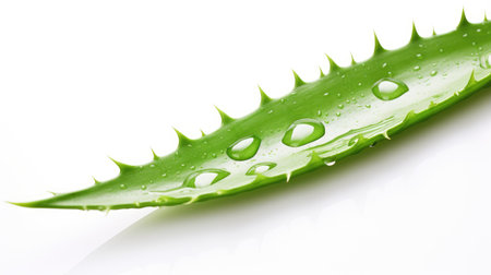 Water Droplets on Green Leaf. A green leaf with water droplets resting on its surface glistening in the sunlight. The droplets are evenly spread across the leaf reflecting the surrounding environment.の素材