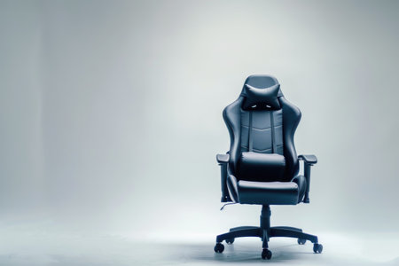 Black Office Chair. A black office chair is placed on a clean white background. The chair has a sleek design with a high backrest and adjustable armrests. It exude a professional and minimalist.の素材