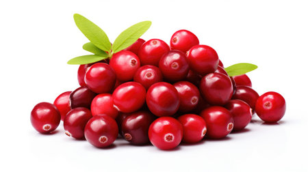 A Pile of Cranberries With Leaves on Top. A collection of vibrant red cranberries heaped together, topped with fresh green leaves. on White or PNG Transparent Background.の素材