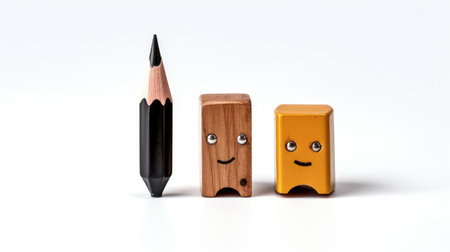 Three Pencils With Faces Drawn on Them. Three wooden pencils with cartoon faces drawn on their tips are placed on a white surface. on White or PNG Transparent Background.の素材