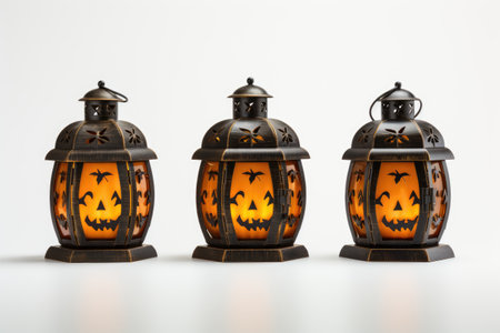 Three Halloween Lanterns With Jack O Lantern Faces. Three Halloween lanterns with carved Jack O Lantern faces are displayed, illuminating the surroundings with a spooky glow.の素材