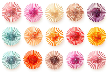 Assorted Colored Paper Fans. A collection of various colored paper fans fanned out on a plain white background. The fans are neatly arranged, showcasing a vibrant array of colors.の素材