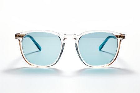 Stylish Sunglasses. A pair of sleek sunglasses is placed on a plain white background. The sunglasses feature a classic design, with dark lenses and a sturdy frame.の素材