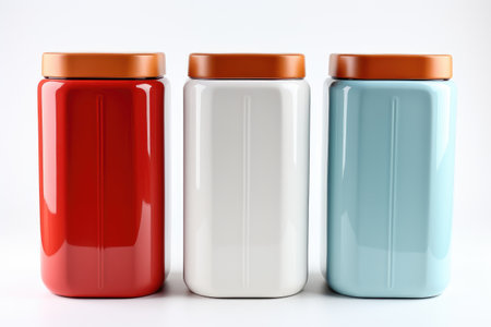 Trio of Vibrant Plastic Bottles on a Clean Canvas..の素材