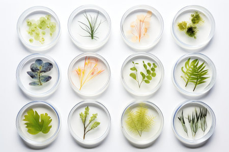 A variety of different types of plants displayed neatly on plates, showcasing a range of colors and textures. Each plate holds a unique assortment of foliage. Isolated on a Transparent Background PNG.の素材