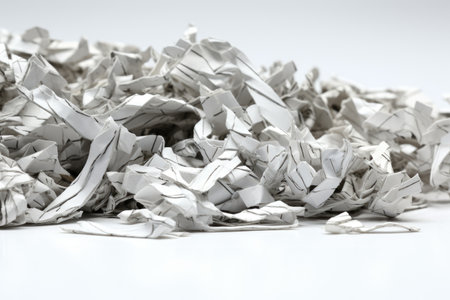 A messy pile of crumpled paper is scattered on top of a plain white table. The papers are wrinkled and irregular in shape, creating a cluttered appearance. Isolated on a Transparent Background PNG.の素材