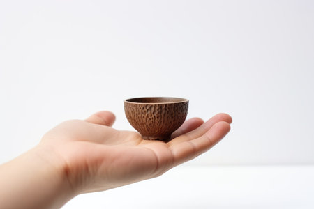 A hand holds a small wooden cup delicately in its palm, showcasing the intricate details of the cups design. The fingers gently curve around the cup. Isolated on a Transparent Background PNG.の素材