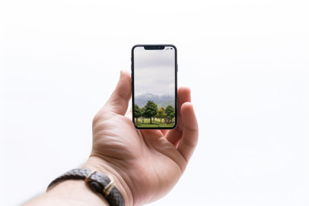 An individual holding a cell phone in their hand, with the screen illuminated. The persons fingers can be seen gripping the device. Isolated on a Transparent Background PNG.の素材