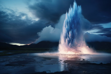 Amidst a dramatic sky filled with dark storm clouds, a powerful geyser erupts explosively, sending a stunning plume of water skyward. The twilight hues create an enchanting atmosphere, highlighting the natural beauty of the Icelandic landscape. Water cascades down, reflecting the ambient light and surrounding terrain, creating a mesmerizing spectacle.の素材