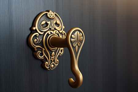 This stunning vintage door handle captures the essence of timeless craftsmanship, elegantly positioned against a beautifully textured dark wooden surface. The ornate detailing reflects soft twilight light, creating an inviting atmosphere that beckons one to explore what lies beyond the door.の素材