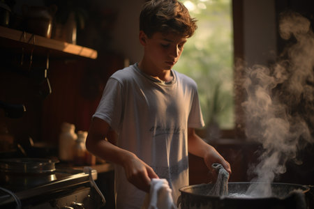A young boy carefully stirs a pot on the stove, surrounded by the inviting warmth of a rustic kitchen. The golden light filters through a nearby window, casting gentle shadows on his focused expression. Steam rises from the pot, filling the air with the promise of delicious aromas.の素材