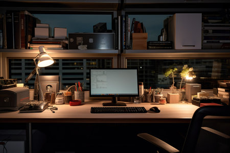 As night settles in, a well-organized workspace comes to life under the warm glow of lamps. The desk is adorned with plants, stationery, and books, evoking a sense of productivity and creativity. Outside, a city skyline twinkles in the dim light, adding to the ambiance.の素材
