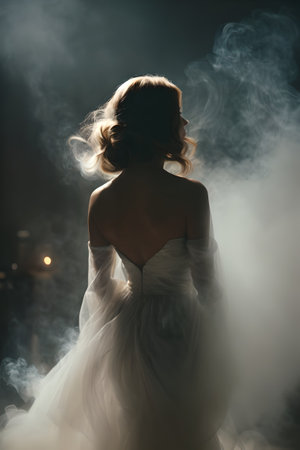 Beautiful bride in a white wedding dress in smoke on a dark backgroundの素材