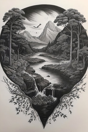 A hand-drawn illustration of a lake in the forest with trees.の素材