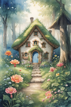Watercolor painting of a fairy house in the forest with flowers.の素材