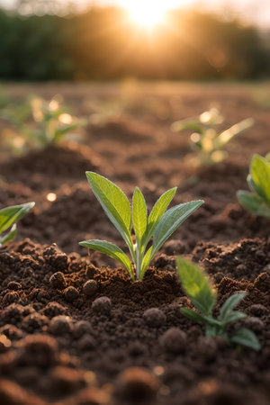 Green soybean seedlings growing in vegetable garden at sunset, agriculture conceptの素材