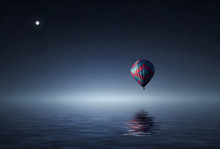Hot air balloon floating in the night sky above the water with the moonの写真素材