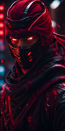 Cyberpunk style. Portrait of a futuristic man in a red mask.の素材