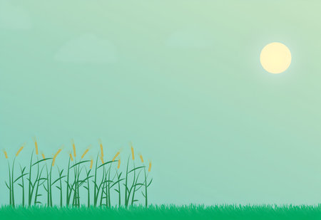 Illustration of a grassy field with reeds at sunset.のイラスト素材