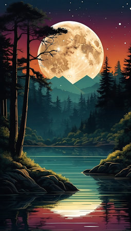 Fantasy landscape with lake, mountains and forest at night. Vector illustrationの素材