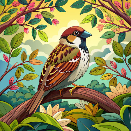 Vector illustration of a sparrow sitting on a branch in the forestのイラスト素材