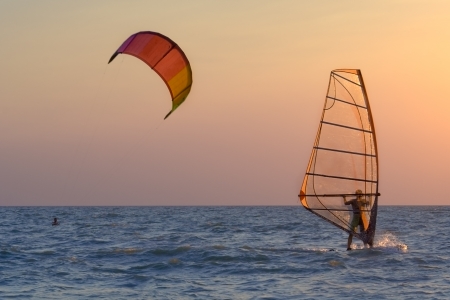 Kitesurfing and windsurfing in the Taganrog Bay of the Azov Seaの写真素材