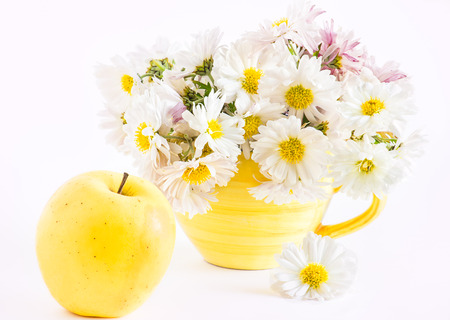 Still life with yellow apple and a bouquet of white chrysanthemums in yellow cupの写真素材