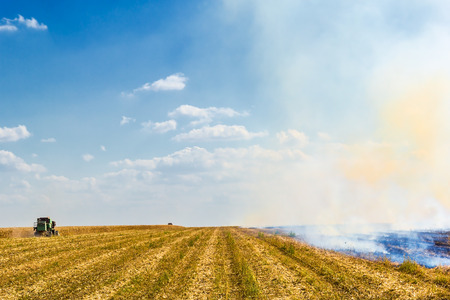 Corn harvesting and burning of stubble field in the autumn day on the background of blue sky with cloudsの写真素材