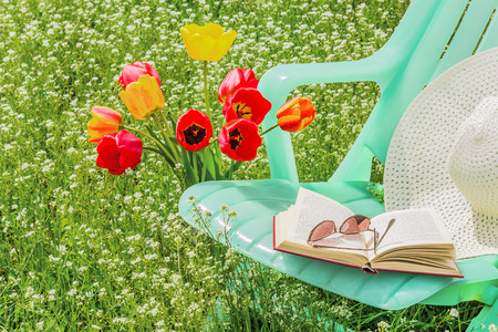 Relax in the garden with a book on a warm and sunny spring dayの写真素材
