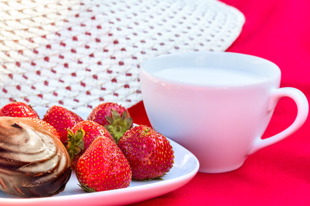 Lunch in the garden with strawberries and sweets on a sunny summer dayの写真素材