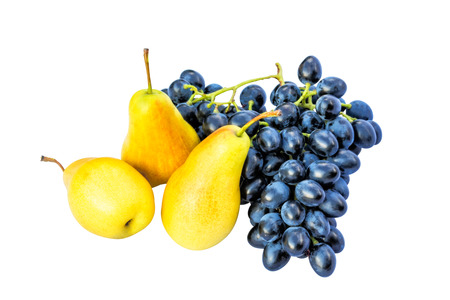 Three yellow pears and brush of black grapes isolated on white backgroundの写真素材