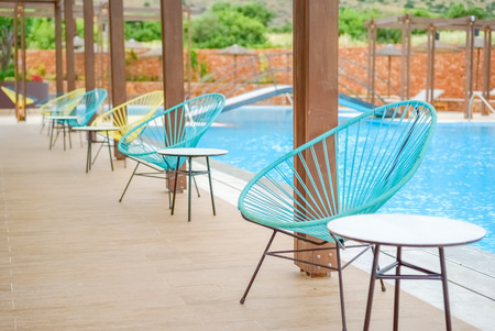 Relaxation area around the swimming pool on the Greek resort, island Creteの写真素材