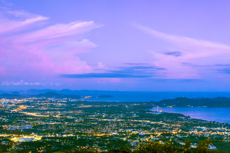 Picturesque sunset over Phuket Town nightlife, Thailand. View from aboveの写真素材