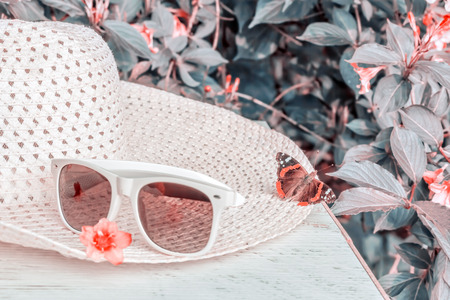 White hat and butterfly, sunglasses on a wooden table among the flowering weigela in the summer garden. Photo tintedの写真素材