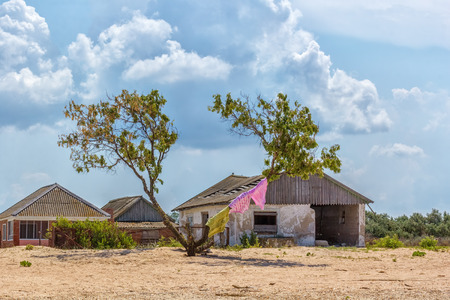 Wild sand beach on the background of an abandoned farm and a stormy skyの写真素材