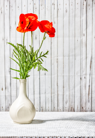 Bouquet of Oriental poppy flowers in a white ceramic vase on a table with a lace tablecloth on a background of old boardsの写真素材
