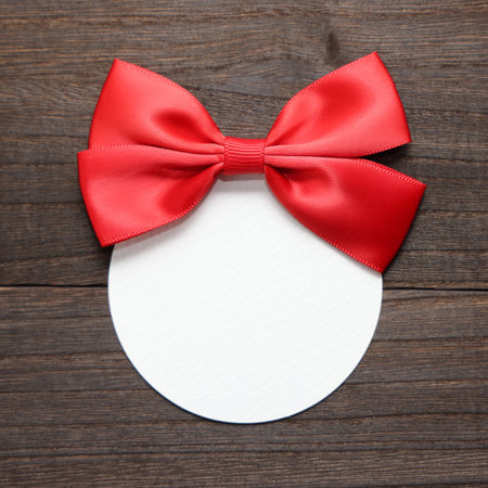 Blank gift tag with red bow on wooden background, top viewの写真素材