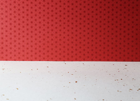 Empty white table and red Japanese pattern wall background. For product displayの写真素材