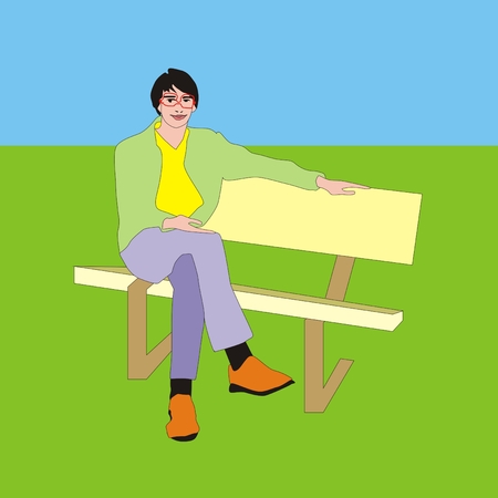 Illustration of trendy young teacher trainee sitting on the bench outdoorの写真素材